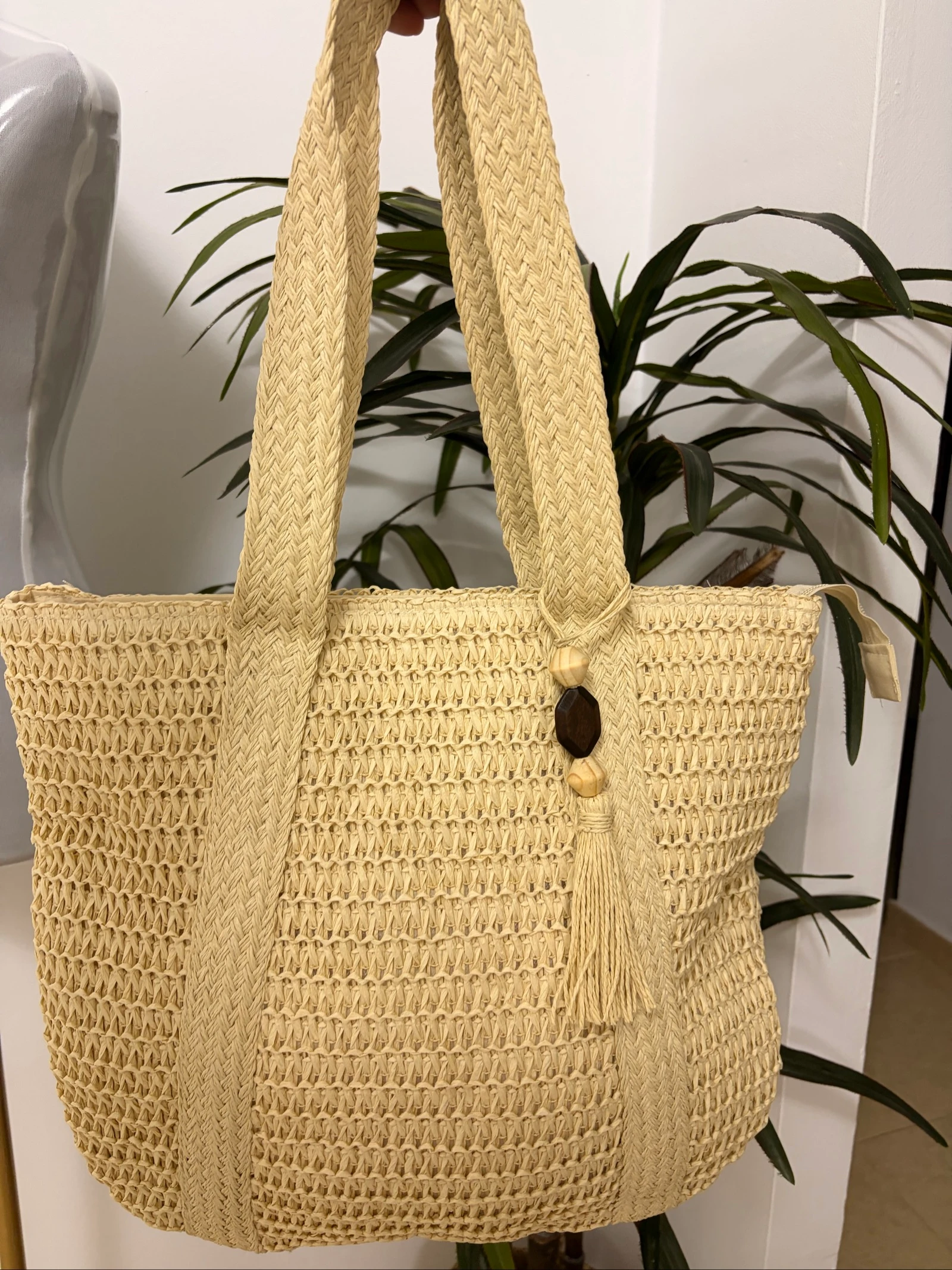 Bolso de playa de rafia bohemio cuentas de madera